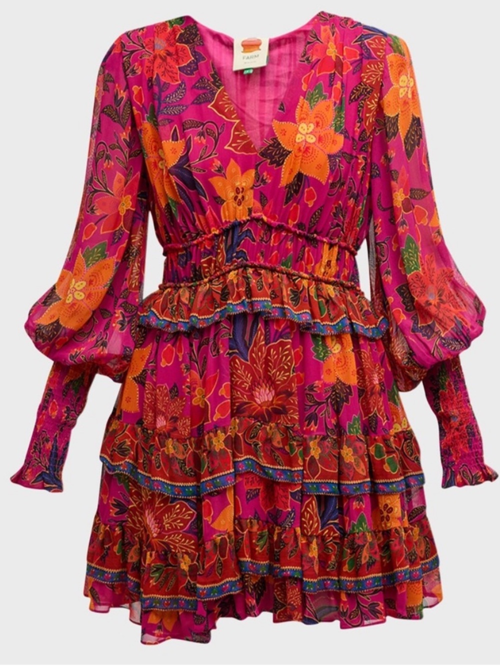 ▪️ FARM Rio Tropical Tapestry Fuchsia and Orange Floral
Tiered V-Neck Dress XL